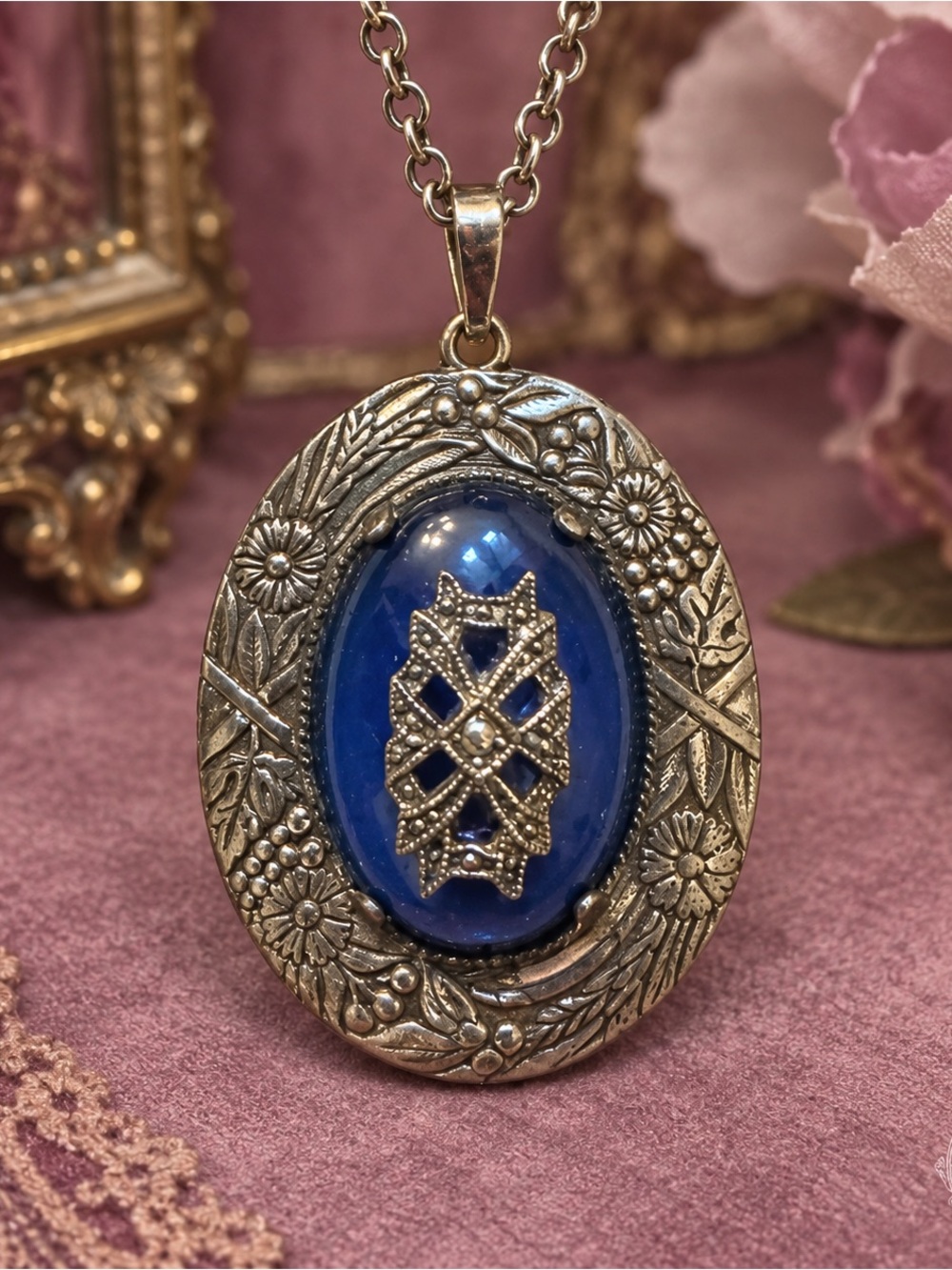 Antique c. 1900 Celluloid Blue Floral Pendant Necklace Silver Tone 14” Edwardian